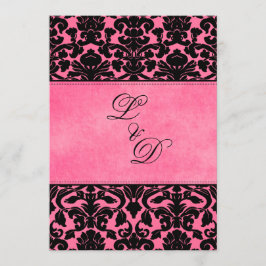 Monogrammed Roze, Zwart Damast bruiloft uitnodigin Kaart