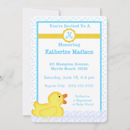 Monogrammed Rubber Ducky Baby shower Invitation Kaart (Voorkant)