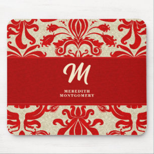 Monogrammed Ruby Red Damask Swirls Muismat