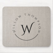Monogrammed Rustic Beige Linen Elegant Script Muismat (Voorkant)