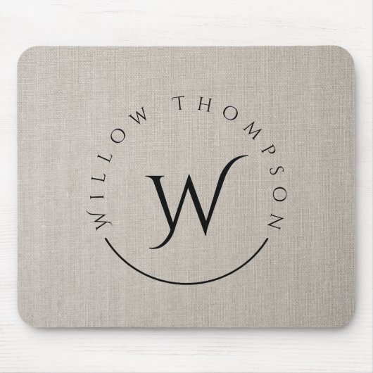 Monogrammed Rustic Beige Linen Elegant Script Muismat (Voorkant)