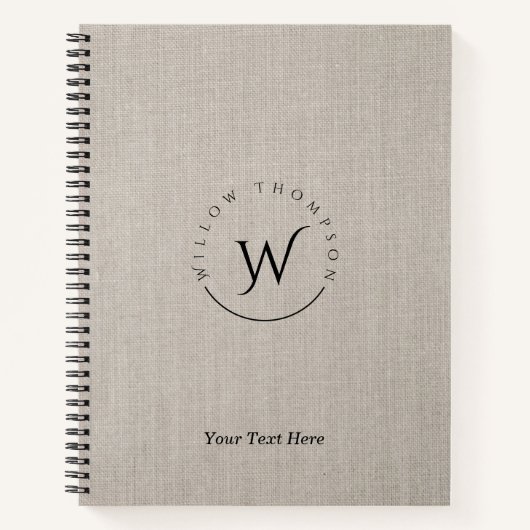 Monogrammed Rustic Beige Linen Elegant Script Notitieboek (Voorkant)