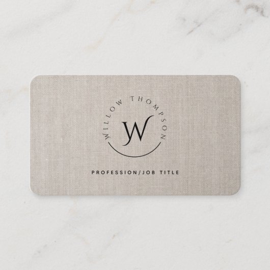 Monogrammed Rustic Beige Linen Elegant Script Visitekaartje (Voorkant)