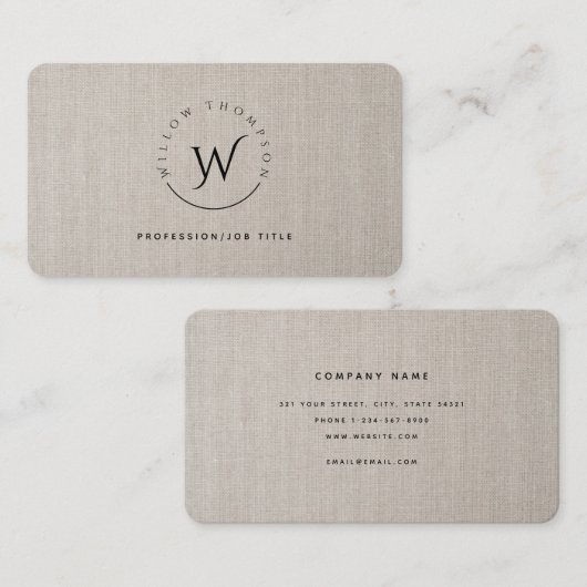 Monogrammed Rustic Beige Linen Elegant Script Visitekaartje (Voorkant / Achterkant)