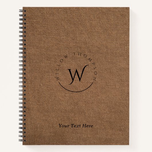 Monogrammed Rustic Brown Linen Elegant Script Notitieboek (Voorkant)