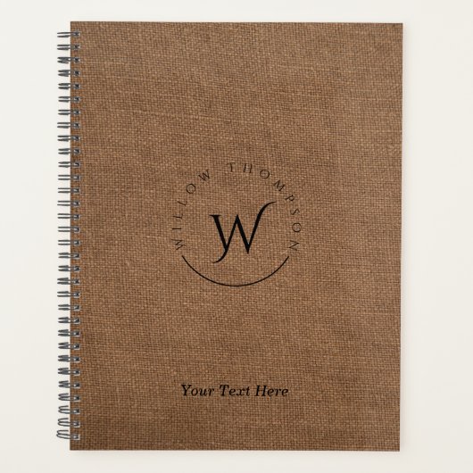 Monogrammed Rustic Brown Linen Elegant Script Planner (Voorkant)