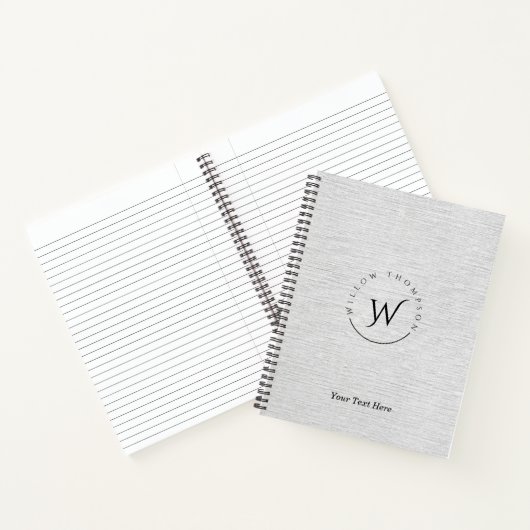 Monogrammed Rustic Grey Linen Elegant Script Notitieboek (Binnen)