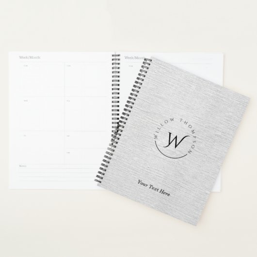 Monogrammed Rustic Grey Linen Elegant Script Planner (Display)
