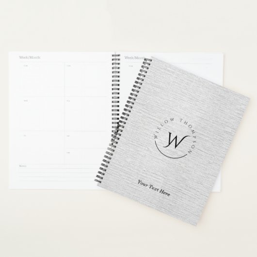 Monogrammed Rustic Grey Linen Elegant Script Planner (Display)