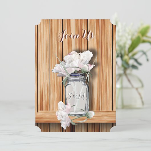 Monogrammed Rustic Mason Jar en Pink Peonies Kaart (Staand voorkant)