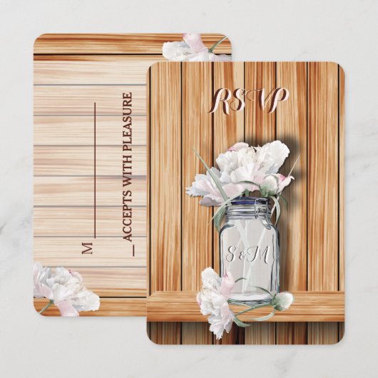 Monogrammed Rustic Mason Jar en Pink Peonies RSVP Kaartje (Voorkant / Achterkant)