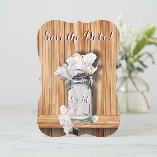 Monogrammed Rustic Mason Jar en Pink Peonies Save The Date (Staand voorkant)