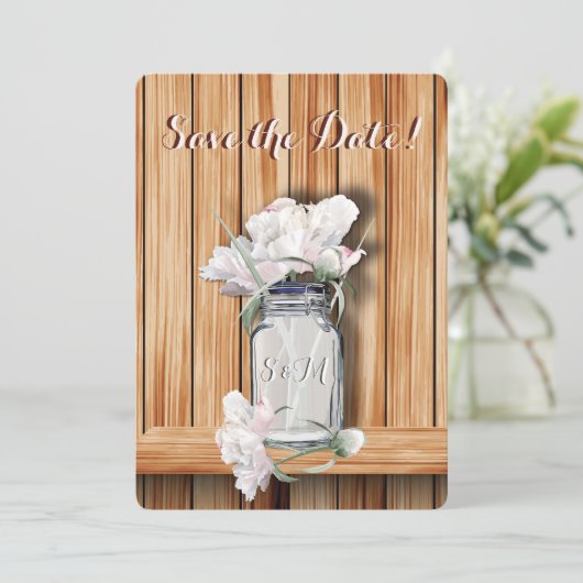Monogrammed Rustic Mason Jar en Pink Peonies Save The Date (Staand voorkant)