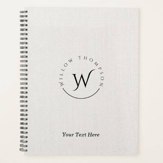 Monogrammed Rustic White Linen Elegant Script Planner (Voorkant)