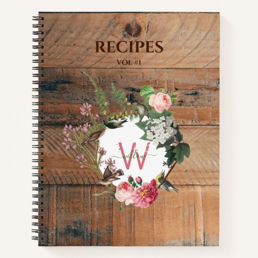 Monogrammed Rustic Wood  Flowers Recipes Notitieboek (Voorkant)