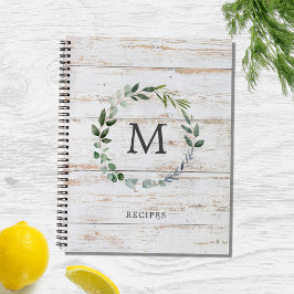 Monogrammed Rustic Wood Green Leaves Receptenboek Notitieboek