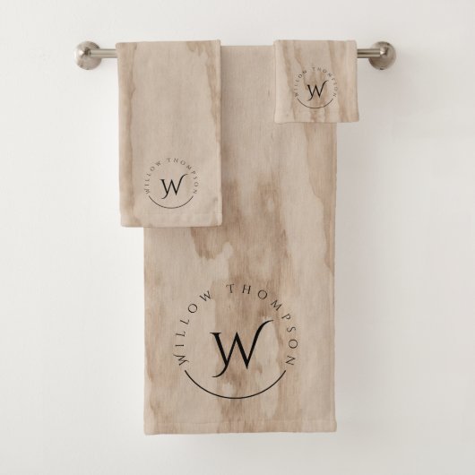 Monogrammed Rustic Wood Texture Elegant Script Bad Handdoek (Insitu)
