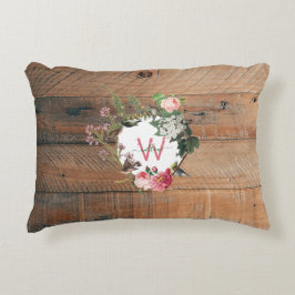 Monogrammed Rustic Wood Vintage Flowers Accent Kussen