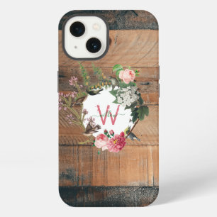 Monogrammed Rustic Wood Vintage Flowers iPhone 13 Hoesje