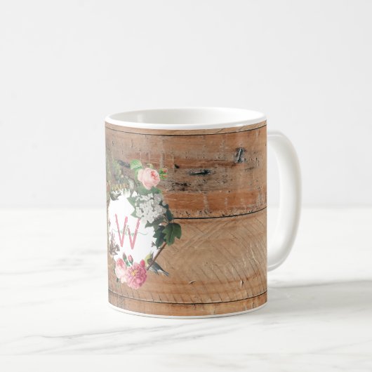 Monogrammed Rustic Wood Vintage Flowers Koffiemok (Voorkant rechts)