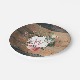Monogrammed Rustic Wood Vintage Flowers Papieren Bordje
