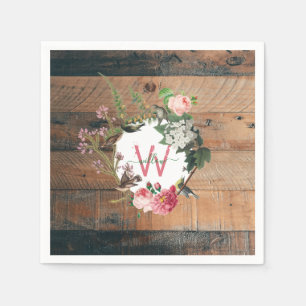 Monogrammed Rustic Wood Vintage Flowers Servet