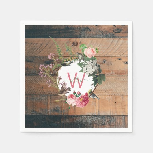 Monogrammed Rustic Wood Vintage Flowers Servet (Voorkant)