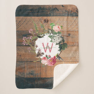Monogrammed Rustic Wood Vintage Flowers Sherpa Deken