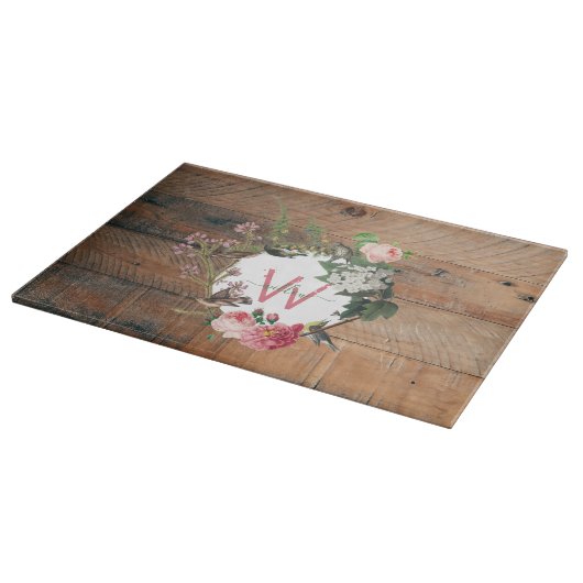 Monogrammed Rustic Wood Vintage Flowers Snijplank (Hoek)