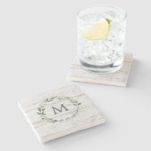 Monogrammed rustieke groene salie blad krans stenen onderzetter (Zijkant)
