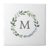 Monogrammed rustieke groene salie blad krans tegeltje (Voorkant)