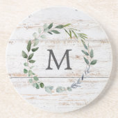 Monogrammed rustieke groene salie blad krans zandsteen onderzetter (Voorkant)