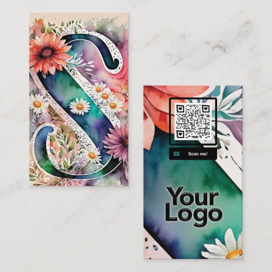 Monogrammed S Daisy Bloemen Waterverf QR Code Logo Visitekaartje (Voorkant / Achterkant)