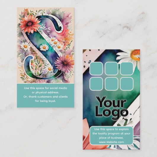 Monogrammed S Daisy Floral Waterverf Logo Visitekaartje (Voorkant / Achterkant)