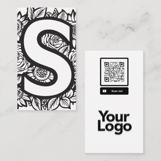 Monogrammed S Zwart-wit Bloemen QR Code Logo Visitekaartje (Voorkant / Achterkant)