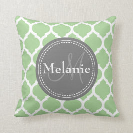 Monogrammed Sage Green & Grey Quatrefoil Kussen