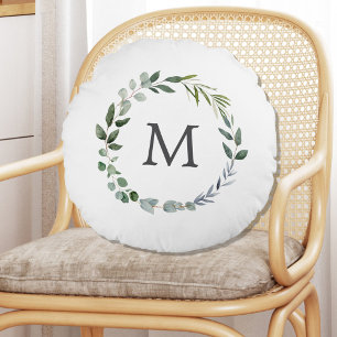 Monogrammed Sage Green Leaves Greenery Krans Rond Kussen