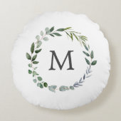 Monogrammed Sage Green Leaves Greenery Krans Rond Kussen (Voorkant)