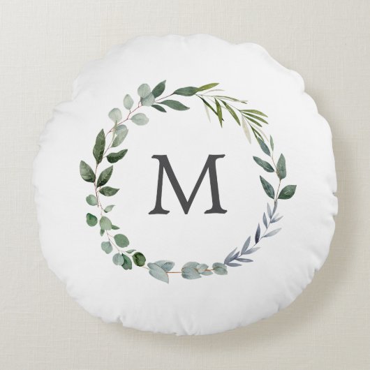 Monogrammed Sage Green Leaves Greenery Krans Rond Kussen (Voorkant)