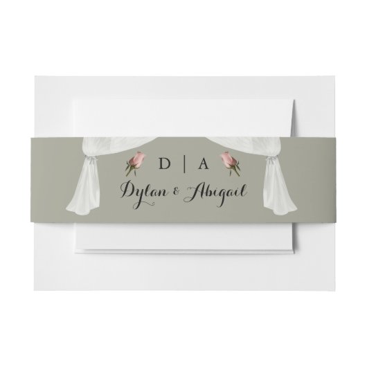 Monogrammed Sage w/Rozen Wedding Belly Band Uitnodigingen Wikkel (Voorkant Voorbeeld)
