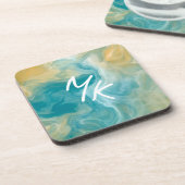 Monogrammed Sandy Brown Ocean Blue Fluid Art Bier Onderzetter (Linkerzijde)