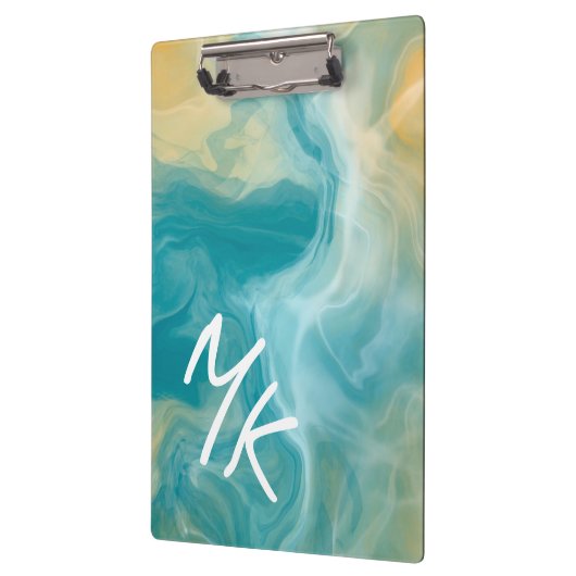 Monogrammed Sandy Brown Ocean Blue Fluid Art Klembord (Links)