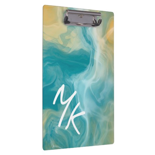 Monogrammed Sandy Brown Ocean Blue Fluid Art Klembord (Rechts)