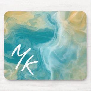 Monogrammed Sandy Brown Ocean Blue Fluid Art Muismat