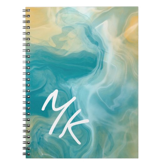 Monogrammed Sandy Brown Ocean Blue Fluid Art Notitieboek (Voorkant)