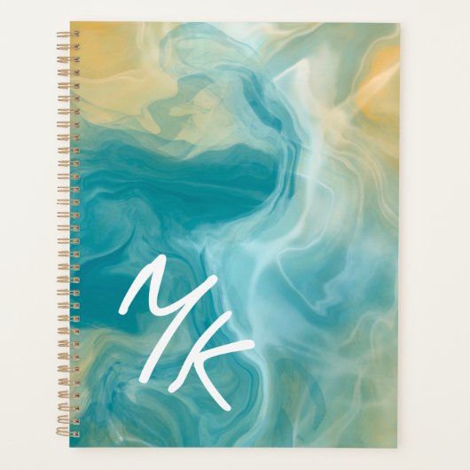 Monogrammed Sandy Brown Ocean Blue Fluid Art Planner (Voorkant)
