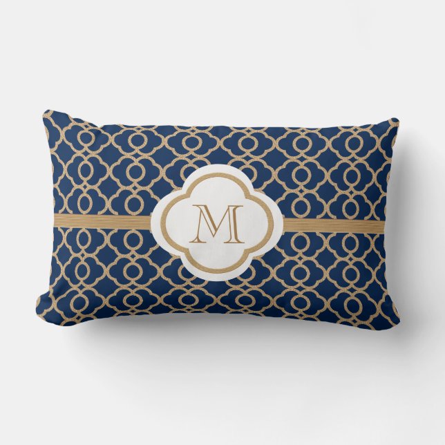 Monogrammed Sapphire Blue en Gold Moroccan Kussen (Voorkant)