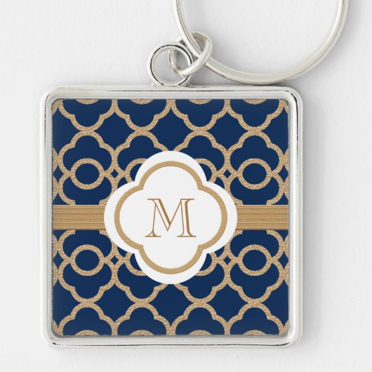 Monogrammed Sapphire Blue en Gold Moroccan Sleutelhanger (Voorkant)