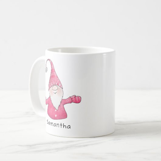 Monogrammed Schattigee Gnome Roze en Witte Kerst Koffiemok (Voorkant links)