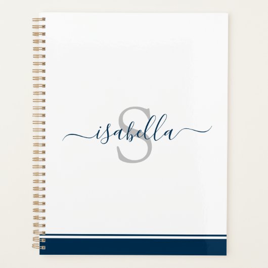 Monogrammed Script Modern Elegant Marine Blauw Planner (Voorkant)